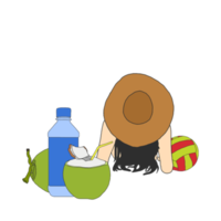 tropical aventura - garota, coco, água garrafa, e bola png gráfico
