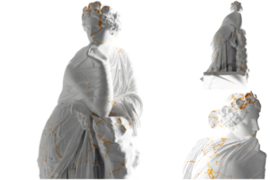 blanco mármol estatua de polimnia con oro acentos Perfecto para sitio web y social medios de comunicación promoción png