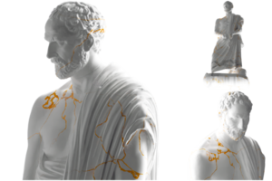 elegante blanco mármol estatua de Demóstenes en oro finalizar, Perfecto para lujo marca png