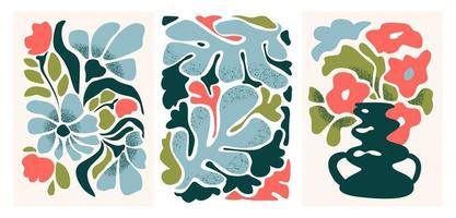 Matisse abstract flowers. Groovy abstract flowers poster set. Modern naive vector illustration with trendy botanical floral patterns.