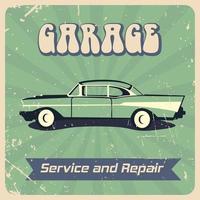 Classic car service and repair garage vintage poster. Retro car banner, flyer concept with rays background. vector