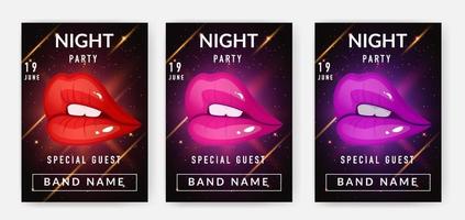 Night club party posters set with colorful lips and shiny dark background. vector