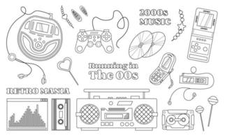 retro 2000-2009 años objetos en un línea arte, y2k colección con antiguo pasado de moda elementos, tecnología, texto y decoraciones vector