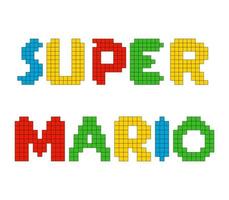 Super Mario Text logo. Pixel arcade game. Vector editorial icons