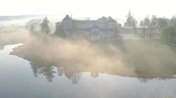 antenne visie van svirzh kasteel in de buurt leven, Oekraïne in ochtend- mist Bij ochtendgloren. meer en omgeving landschap Bij zonsopkomst. video