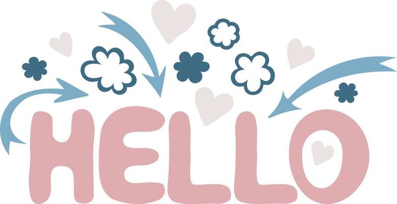 Watercolor illustration of colorful word hello with flowers, arrows and hearts isolated on white background.