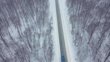 parte superior ver de tráfico en un la carretera rodeado por invierno bosque. escénico invierno paisaje video