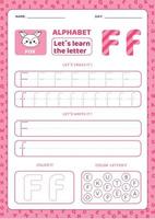 Writing practice letter F. Alphabet worksheets vector