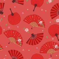 Seamless pattern with hand fans in red colors. Vector graphics.