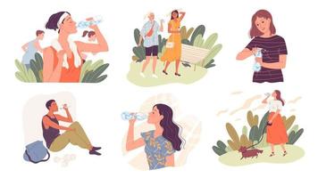 Set of people drinking water in the summer heat. vector