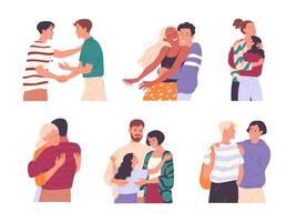 Set of happy young people hugging each other. vector