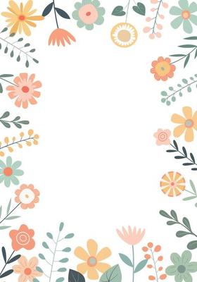 Beautiful summer pastel border frame with flowers and leaves. Isolated on white background. Template for flyer, invitation card.