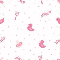 Scrapbook seamless background. Pink baby shower patterns. Cute print with duck, pacifier and rattle vector