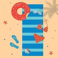 Beach towel and beach accessories. Vector flat summer illustration.