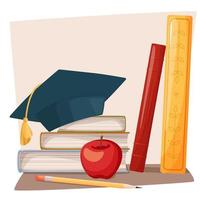 A student hat on top, next to an apple and a pencil. Huge pile of books and encyclopedias, education and success concept, university library, academic and school knowledge flat cartoon. vector