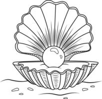 Vector illustration of a scallop. A hand-drawn cartoon scallop. Vector black and white drawing.