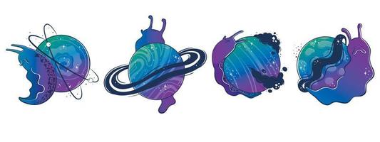 Clipart collection with Mystical slug snails with a space planet instead of a shell-house vector