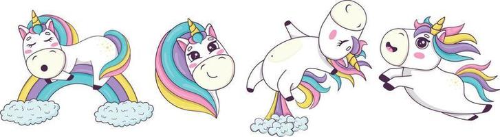 Set of funny kawaii unicorns in anime style for kids product design vector