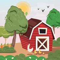 Cute ducks walking next to the red farm barn. Farmland illustration in vector flat cartoon style.