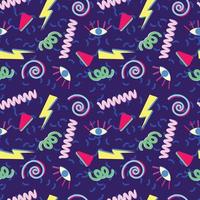 Seamless pattern with different geometric elements on purple background. Fashion, seamless pattern in hipster style of 80s-90s. vector