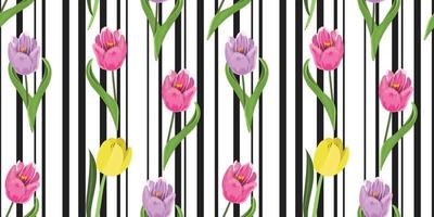 Floral seamless pattern with pink, purple and yellow tulips and lines on the background. vector