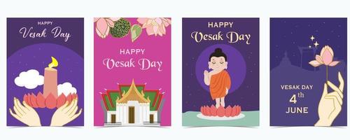 happy vesak day background with lotus ,temple and monk vector