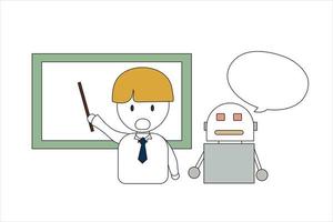 linda vector dibujos animados personaje hombre humano enseñar robot o ai a aprender o aprendizaje habilidad con mínimo estilo con charla caja ilustracion.para decoración presentación lata entrada texto dibujo dibujos animados ai robot.