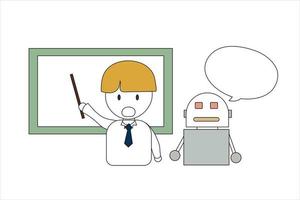 Cute vector cartoon character man human teach robot or AI to learn or learning skill with minimal style with chat box illustration.For decoration presentation can input text drawing cartoon AI robot.