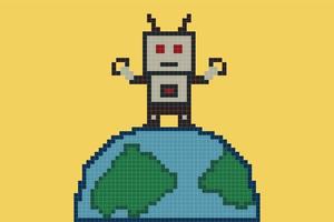 Cute pixel cartoon 8 bit character robot or AI on earth world pixel cross stitch style can chat learn AI technology robot for education calculate chat bot vector. vector