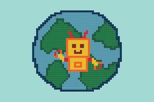 Cute pixel cartoon 8 bit character robot or AI on earth world pixel cross stitch style can chat learn AI technology robot for education calculate chat bot vector. vector