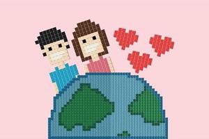 vector alegre encantador Pareja en amor en tierra juntos con rojo corazón píxel 8 poco papel Arte concepto antecedentes enamorado día decoración amor Pareja diseño para enamorado día amor Pareja 8 bits