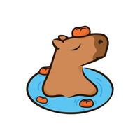 Relaxing capybara with tangerines. Vector illustration. Capybara in water. Image isolated on white background. Design element for decoration posters brochures menu banners notepads