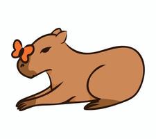 Cute capybara lies with butterfly on nose. Vector illustration isolated on white background. Image for design of notepads menu posters brochures clothes stationery. Simple design element