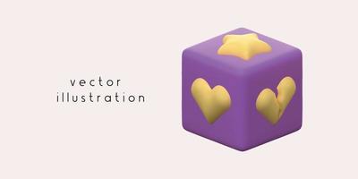 Vector 3D illustration of a dice with heart, broken heart and star. Feedback 3D render in purple and yellow