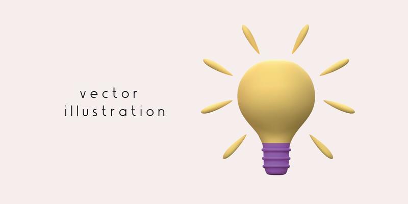 Vector 3D illustration of a light bulb. Feedback 3D render in purple and yellow.