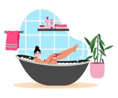 Young woman with facial mask taking bath with soap foam, bubbles. Beauty and body care routine. Design bathroom interior. Flat vector illustration on white background.