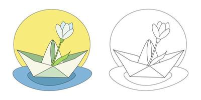 vector illustration coloring book paper boat with a flower in a puddle on the background of the sun. An outline black and white drawing and a color version for an example