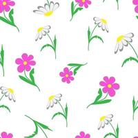 vector doodle illustration seamless pattern stylized chamomiles and kosmeya meadow flowers on white background