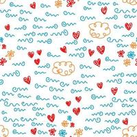 Hand drawn doodle seamless pattern with squiggle lines and hearts. Perfect print for tee, textile, paper and fabric. vector