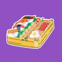 bento caja en kawaii estilo. lindo, vistoso ilustración. japonés comida en un almuerzo caja. anime y chibi vector. vector