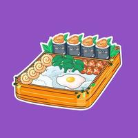 bento caja en kawaii estilo. lindo, vistoso ilustración. japonés comida en un almuerzo caja. anime y chibi vector. vector