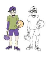 Cool Kid Cartoon Character illustration template for color and draw lesson vector