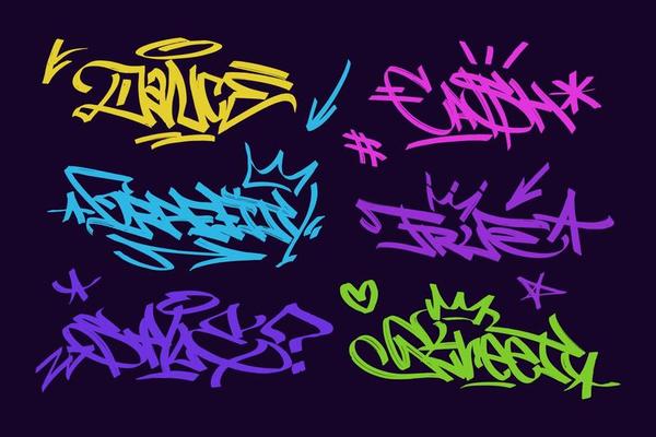 multicolored graffiti with letters, bright colored lettering tags in the style of graffiti street art. Vector illustration