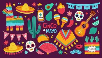 Cinco de Mayo sticker set, May 5, federal holiday in Mexico. Fiesta banner and poster design with flags, flowers, decorations. Vector illustration