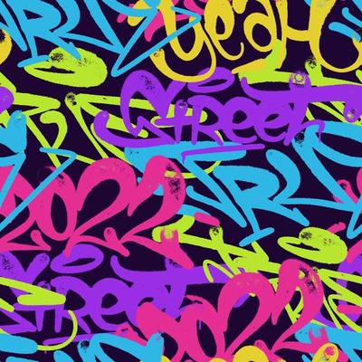 multicolored graffiti background with spray letters, bright colored lettering tags in the style of graffiti street art. Vector illustration seamless pattern