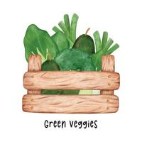 grupo de clasificado verde vegetales acuarela en de madera jardín envase cesta mano pintado aislado en blanco antecedentes vector