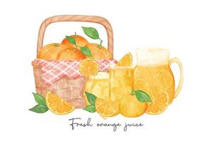 set of fresh homemade orange juice with fruits composition watercolour illustration vector banner isolated on white background.