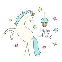 Greeting card with a cute unicorn and a cake with a candle. Hand drawn colorful vector illustration and Happy birthday lettering. Fairy animal. Doodle style.