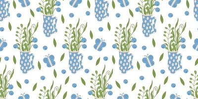 Vector seamless pattern with mugs decorated with polka dots, butterflies and blueberries and herbs on white background. Great for linens, wallpapers, covers.