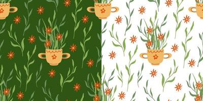 Set of vector seamless patterns with mugs and wild flowers on white and green backgrounds. Great for linens, wallpapers, covers.